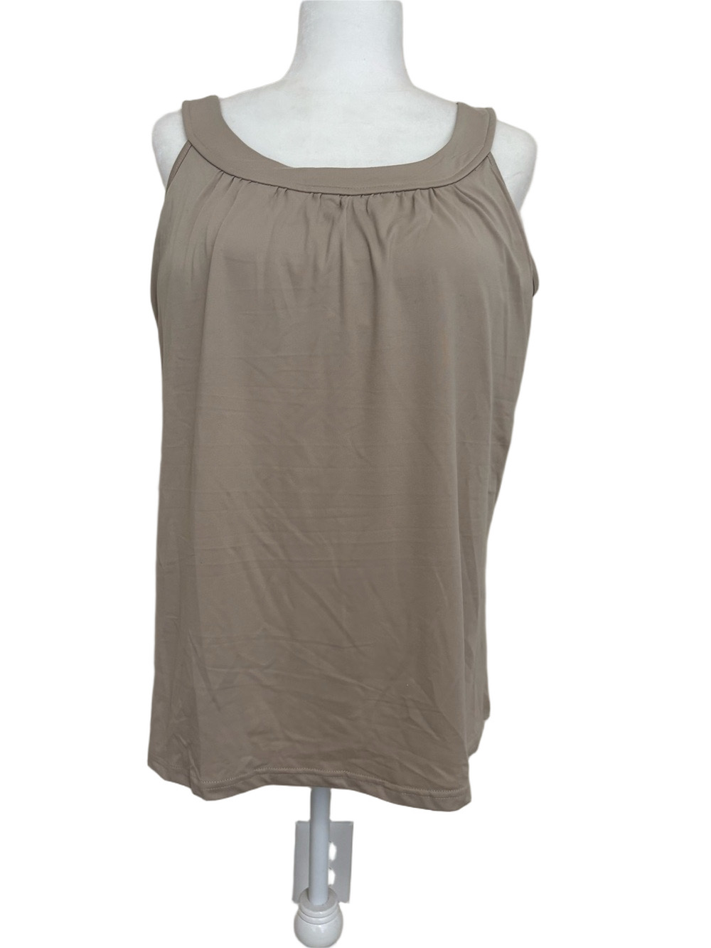 Women’s Tan Sleeveless Pleated Neck Top with Built In Bra
